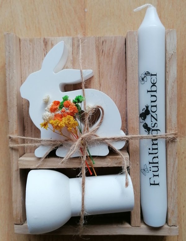 Geschenke-Set Hase - Kerze - Kerzenständer - Holzbox - Trockenblume